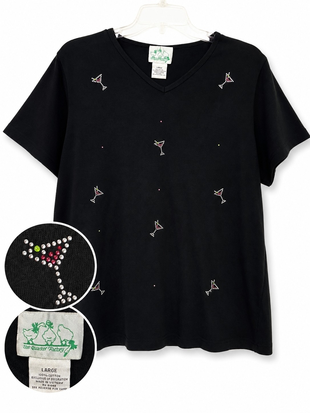 The Quacker Factory Women’s Large Black Rhinestone Martini Glass T-Shirt